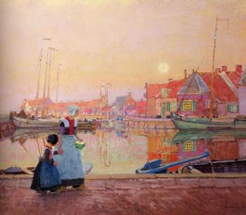 A Dutch Fishing village At Dusk With Figures On A Quay